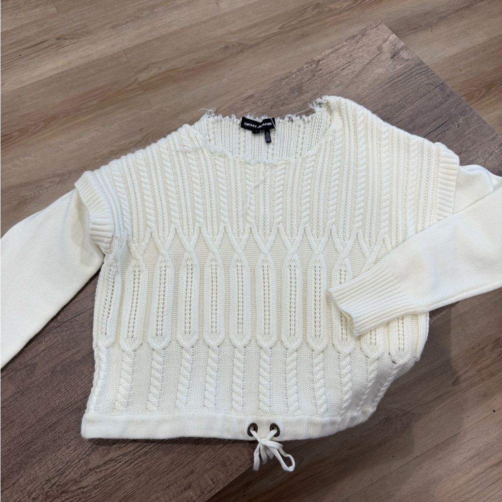 DKNY White Crew Neck Sweater with Cable Knit Design